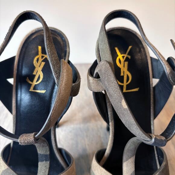 YSL Yves Saint Laurent Camouflage Green Suede Tribute Stiletto Heels Size 7.5 - Picture 9 of 14